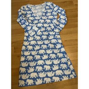 Lilly Pulitzer Blue White Elephant Print V-Neck Long Sleeve Knit Shift Dress
